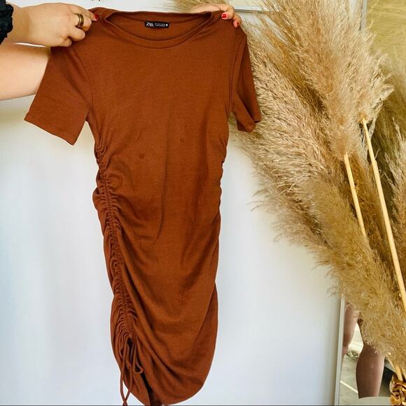 ZARA Ruched Short Ribbed Tee Shirt Side Tie Bodycon Mini Dress Rust Brown L - Picture 4 of 16